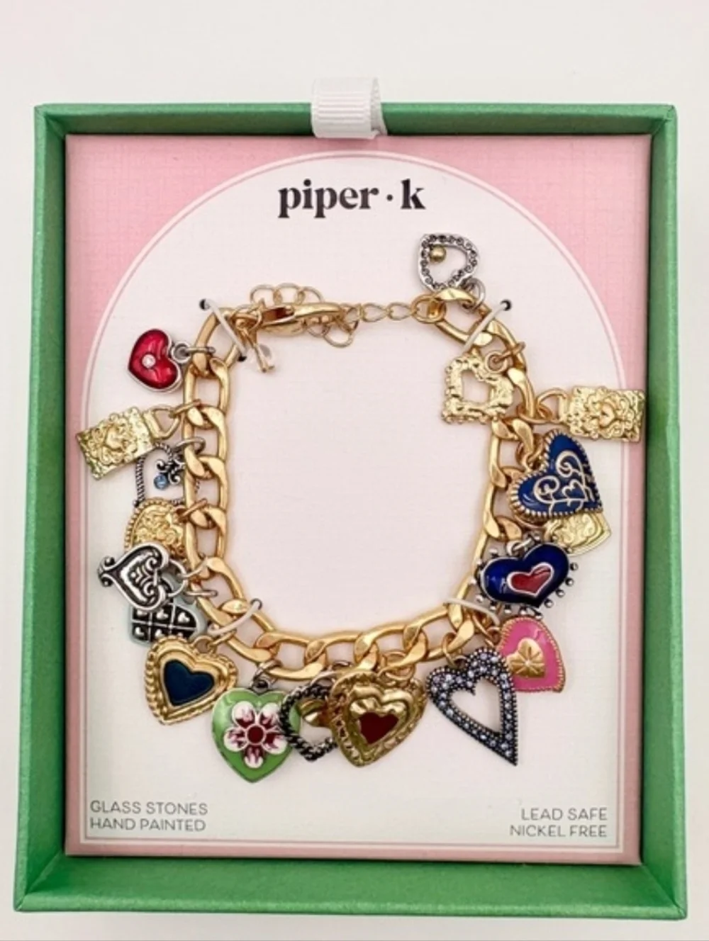 💕🔹️Piper K Beautiful Gold Tone  Multi-Color Heart Charm Glass Stones Bracelet - Picture 3 of 7
